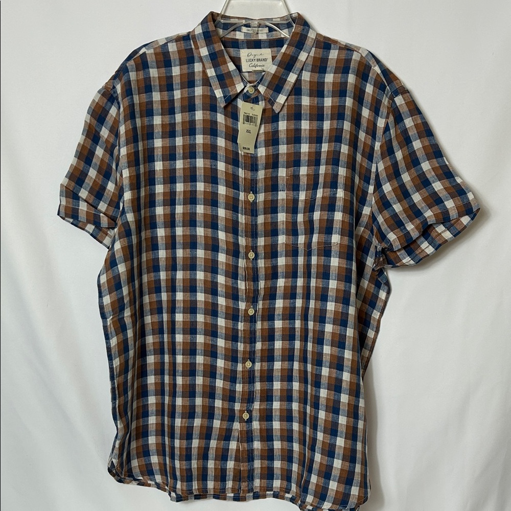 Lucky Brand Men’s Size XXL Short Sleeve Checkered Linen Button Front Shirt